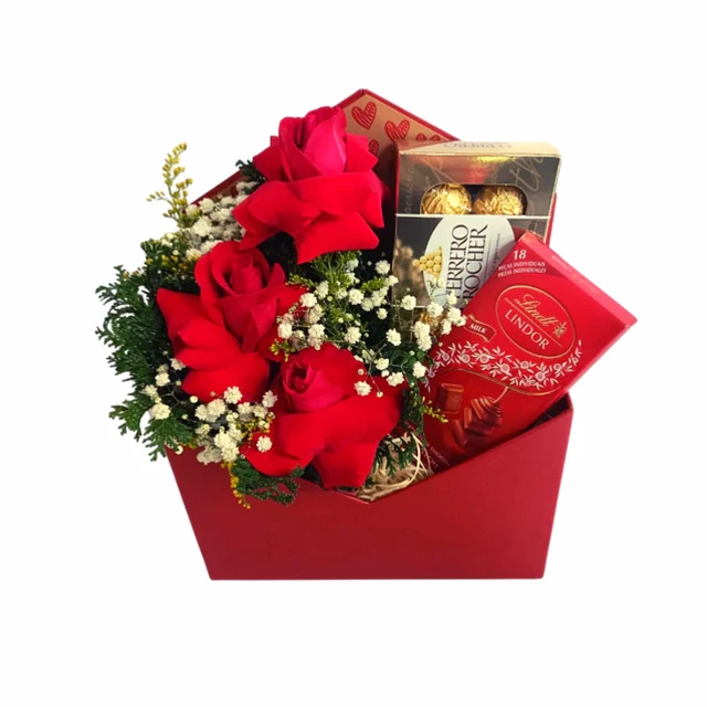 Buquê 03 rosas vermelhas + Lindt + Ferrero Rocher